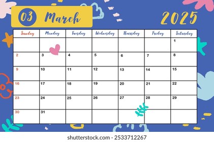 La semana del calendario mensual de marzo de 2025 comienza el domingo con un estilo colorido para un diseño horizontal imprimible