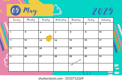 Mesa 2025 Semana mensual de mayo del calendario comienza el domingo con un estilo colorido para un diseño horizontal imprimible