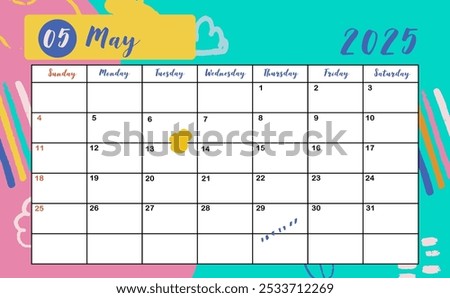 2025 table May monthly calendar week start on Sunday with colorful style for horizonral printable design