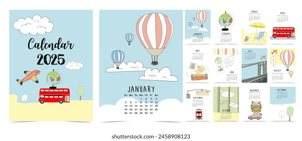 2025 table monthly calendar week start on Sunday with travel that use for vertical digital and printable A4 A5 size 