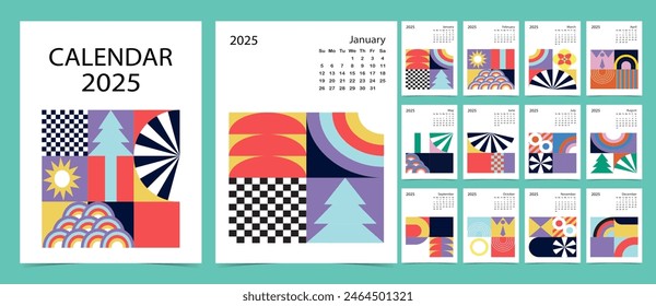 2025 table monthly calendar week start on Sunday with geometric that use for vertical digital and printable A4 A5 size 