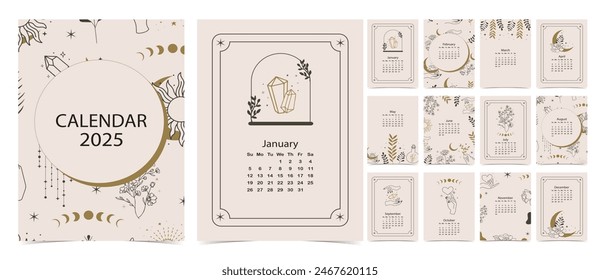 2025 table monthly calendar week start on Sunday with boho that use for vertical digital and printable A4 A5 size 