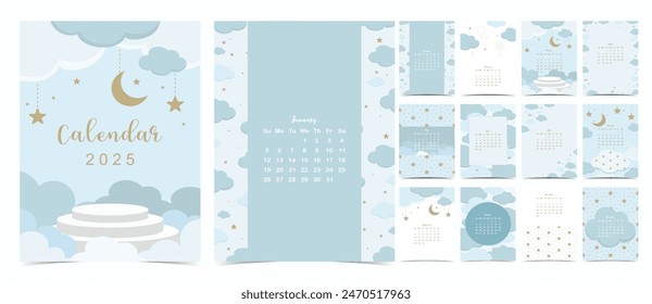 2025 table monthly calendar week start on Sunday with twinkle that use for vertical digital and printable A4 A5 size 