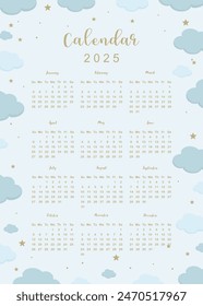 2025 table monthly calendar week start on Sunday with twinkle that use for vertical digital and printable A4 A5 size 