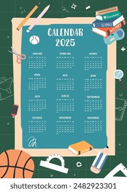 La semana del calendario mensual de la tabla 2025 comienza el domingo con la escuela que utiliza para la Vertical digital y el tamaño A4 A5 imprimible 