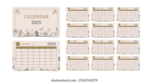 2025 table monthly calendar week start on Sunday with boho style for horizonral printable design