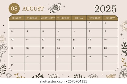 2025 table monthly calendar week start on Sunday with boho style that use for horizontal digital and printable A4 A5 size 