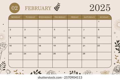 2025 table monthly calendar week start on Sunday with boho style that use for horizontal digital and printable A4 A5 size 