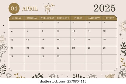 2025 table monthly calendar week start on Sunday with boho style that use for horizontal digital and printable A4 A5 size 