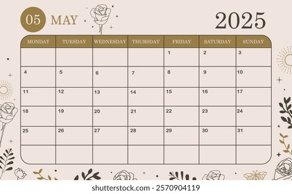 2025 table monthly calendar week start on Sunday with boho style that use for horizontal digital and printable A4 A5 size 