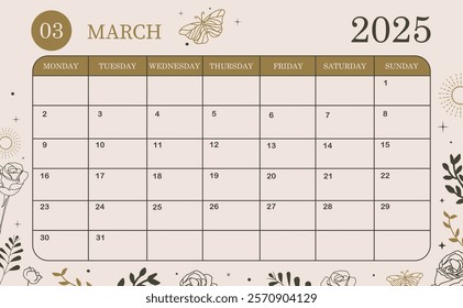 2025 table monthly calendar week start on Sunday with boho style that use for horizontal digital and printable A4 A5 size 