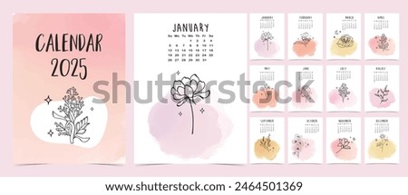 2025 table monthly calendar week start on Sunday with flower that use for vertical digital and printable A4 A5 size 