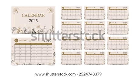 2025 table monthly calendar week start on Sunday with boho style for horizonral printable design