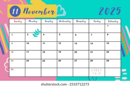 2025 table November monthly calendar week start on Sunday with colorful style for horizonral printable design