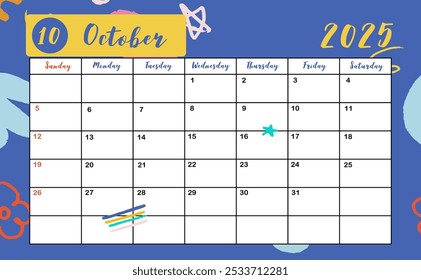 2025 table October monthly calendar week start on Sunday with colorful style for horizonral printable design