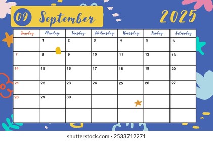 2025 table September monthly calendar week start on Sunday with colorful style for horizonral printable design