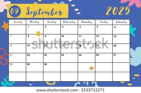 2025 table September monthly calendar week start on Sunday with colorful style for horizonral printable design
