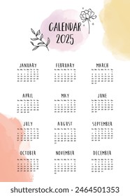 2025 table yearly calendar week start on Sunday with flower that use for vertical digital and printable A4 A5 size 