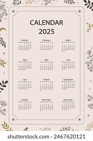 La semana del calendario anual de la tabla 2025 comienza el domingo con boho que utiliza para la Vertical digital y el tamaño A4 A5 imprimible 