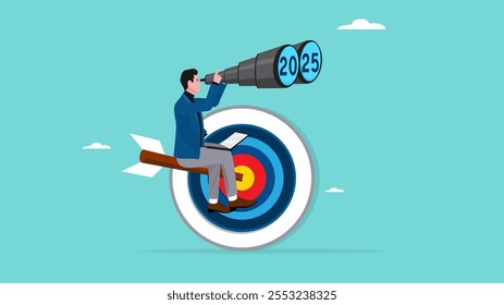 2025 target or business opportunity, businessman sitting on a target board using binoculars to see business opportunities in 2025