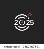 2025 target vector. creative typography with Target or Bullseye. New year 2025 target. New year goal concept vector logo. 2025 logo concept with arrow and bullseye or target.