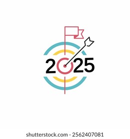 2025 target vector.  creative typography with Target or Bullseye. New year 2025 target. New year goal concept vector logo. 2025 logo concept with arrow and bullseye or target.