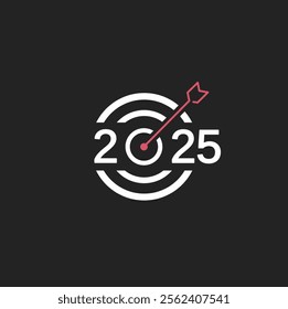 2025 target vector. creative typography with Target or Bullseye. New year 2025 target. New year goal concept vector logo. 2025 logo concept with arrow and bullseye or target.