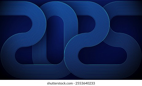 2025 technology blue background. A circuit board in navy blue tech bg. New Year digital banner in futuristic computer style. AI chip and circuit, or semiconductor concept. Abstract vector illustration