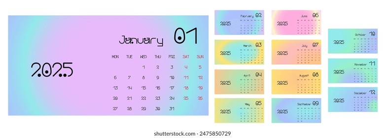 2025 template calendar. Trendy gradient background. The week begins on Monday. Ideal for planners, desk calendars, wall calendars, print media, advertisements, and office stationery