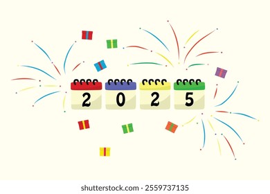 2025 text design styled like calendar pages, unified with fireworks and gift boxes.