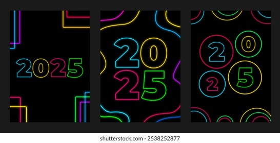 2025 Text Design. Vector 2025 neon Illustration Design Element for New Year 2025 Social Media Post, Greeting Card, Banner, Poster, Retro Text Effect, vintage style of eighties, cyberpunk style