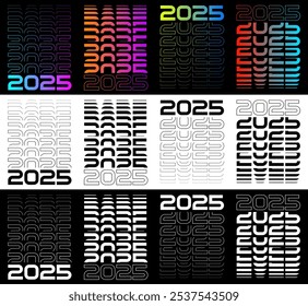 2025 Diseño de texto. Vector 2025 Tipografía Ilustración Elemento de diseño para el Nuevo año 2025 Social Media Post, Tarjeta de felicitación, Anuncio, Póster, Efecto de texto retro, estilo vintage de los años ochenta, estilo cyberpunk