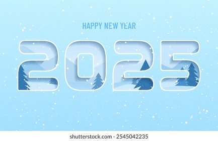 2025 Text Design. Vector 2025 Typography Illustration Design Element for New Year 2025 Social Media Post, Greeting Card, Banner, Poster, vintage grainy style. Paper cut winter landscape poster