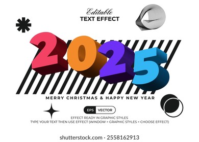 2025 Text Effect 3D Style. Editable Text Effect Retro Brutalism Background.