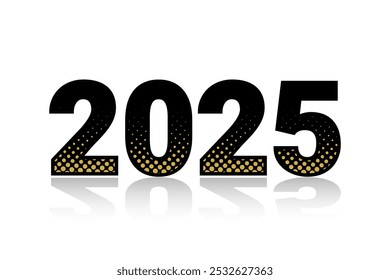 2025 Text On White Background With Golden Halftone Pattern. Happy New Year Banner. Wallpaper. Vector Illustration