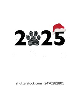 Texto 2025 con estampado de pata y sombrero rojo. Feliz año nuevo y Feliz Navidades tarjeta de felicitación