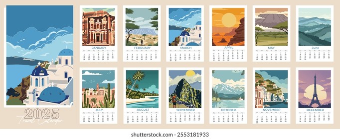 Conjunto de calendários temáticos de viagens para 2025. Projetos de planejador de parede, notebook e modelo com ilustrações cênicas de marcos mundialmente famosos em estilo cartoon.