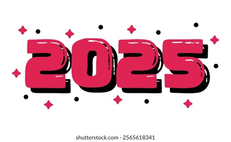 2025 trendy lettering isolated on white background. Pop-up numbers 2025 decorated with pink and black dots. New Year design concept.