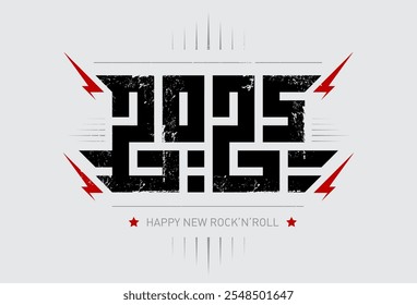 2025 - diseño de camiseta para fiesta de año nuevo. Impresión fresca para la ropa de la camiseta con la inscripción. Feliz Nuevo Rock'n'roll 2025 - cartel de música con inscripción estilizada, rayos rojos y estrella.