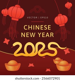 2025 Typographic snake illustration celebrating Chinese New Year 2025, festive red and gold with traditional lanterns,  decorative elements symbol prosperity, luck, happiness. banners, greeting cards.