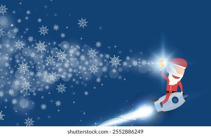 2025 Typographical Christmas and New Year Greetings on a Shiny Xmas Santa claus drive rocket launch and smoke through cloud into space.