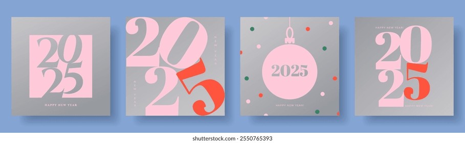 2025 tipografía сconcepto relativo. Feliz año Nuevo con números rosas sobre fondo plateado. Plantilla de diseño de moda minimalista para la marca, Anuncio, cartel, cubierta, tarjeta de felicitación, Web, redes sociales