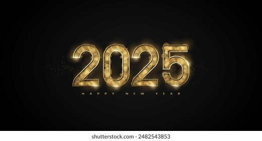 Concepto de diseño de tipografía 2025, tarjeta de felicitación de feliz año nuevo 3d número oro. Feliz año nuevo 2025 diseño de portada, para Anuncios, carteles, fondos y saludos.