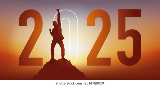2025 under the banner of success and performance, with the example of a man rising to the challenge of climbing the summit of a mountain