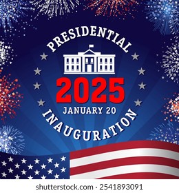 Día de la toma de posesión presidencial de Estados Unidos 2025, emblema y fuegos artificiales. Anuncio de Web Editable para la toma de posesión presidencial en Estados Unidos el 20 de enero de 2025. Ilustración vectorial