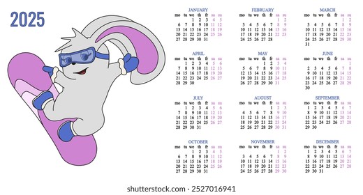 2025 vector Calendar with funny bunny on snowboard isolated white. Cute animal with 2025 dates grid. EPS 10