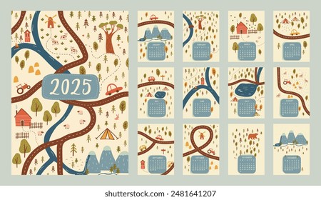 2025 vector calendar immersing into wanderlust mood, featuring natural scenery in artistic flat modern style. Monthly pages show scenic elements like trees, mountains, animals, and roads.