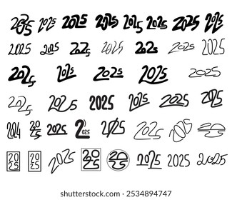 2025 - vector hand drawing with splash effect numbers. Black elements for winter greeting, new years card design, posters, prints, banners, calendars, invitations. White isolated background.