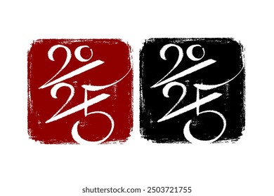 2025 vector hand-drawn numbers square compositions on stamp-like backgrounds. 2025 number design templates. Happy new year oriental style minimalistic concept for greeting materials.