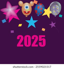 2025 vector illustration features a futuristic, abstract design with glowing pink numbers. Ideal for New Year banners, business cards, party posters, holiday greetings, and tech-themed celebrations.